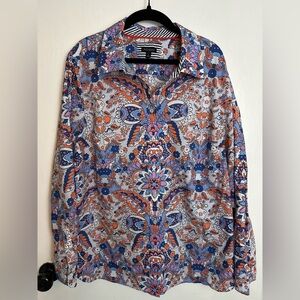 Talbots Button Front Shirt Top Orange Blue Pink Floral Long Sleeve  Large #1620